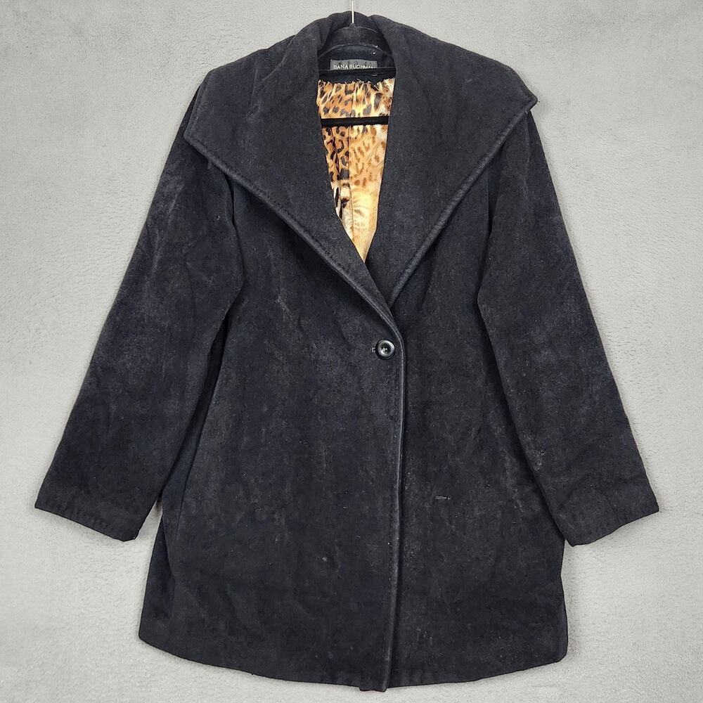 Dana Buchman Coat Womens 10 Black Angora Wool Leopard Lining Single Breasted